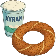 ghibli style ayran and simit together, no background sticker
