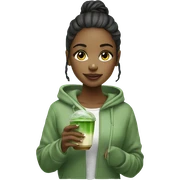 Beautiful girl wearing hoodie ,holding glass cup of iced matcha  sticker