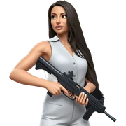 girl in formal attire with gun sticker