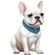 White French bulldog with blue eyes holding a Chanel purse sticker