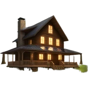 Skywalker Cabin is a clean Very big Wood Cabin near tree on the mountain in the background. The cabin is 5 stories tall with extensive solar arrays on top. The cabin sits on thick grass fields. porch lights on ,guests on porch smoking ,flowers and bushes  sticker