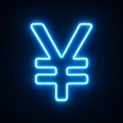 Yen sign (¥) emoji, neon-blue style, electric-blue glow, smooth lines, techy aesthetic, dark background. sticker