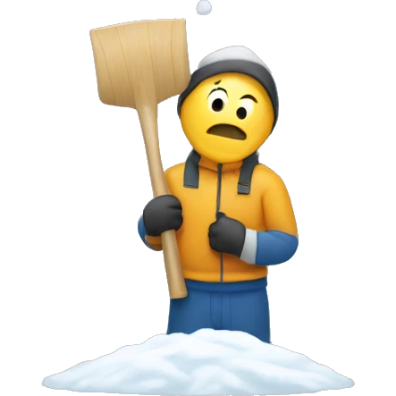 man holding a snow shovel with snow on it sweating emoji