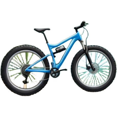 An icon featuring a mountain bike with wide tires, positioned on a forest trail or rocky mountain road. The background shows dense trees, steep slopes, and distant peaks under a clear blue sky. Transparent background highlights the thrill and rugged beauty of mountain biking. emoji