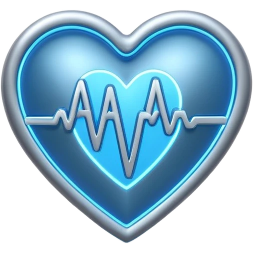 Futuristic premium medical AI logo emoji, sleek metallic heart or shield, ECG line forming stylized letters AI, neon blue and silver, 3D effect, glowing edges, minimal but bold, tech-savvy, high-tech healthcare branding, instantly recognizable, viral-ready, vector flat style with subtle shadows emoji