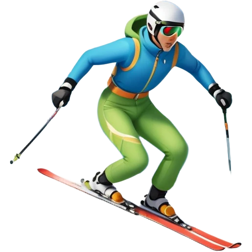 An icon featuring snowy peaks, pine trees, and a picturesque mountain landscape with a skier racing down a snow-covered slope. The sky is blue with soft clouds, capturing the thrill and beauty of alpine skiing. Transparent background highlights the excitement and serenity of winter sports. emoji