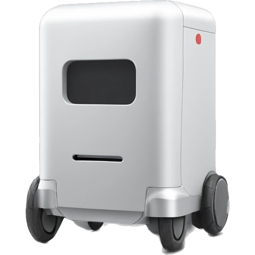 solid rectangle gray delivery robot with white circle white led eyes and opening lid on 4 wheels with food, minimalistic design emoji