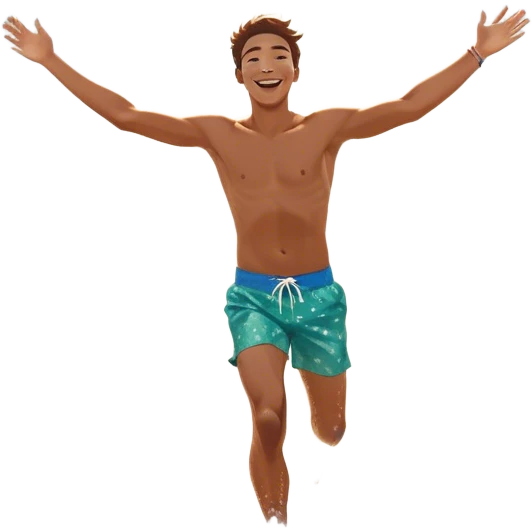 A person running into the ocean with arms wide open, embracing the waves and the moment. The sun shines warmly, and the water sparkles, symbolizing the joy of creating fun and appreciating life’s simple moments. Their footprints in the sand fade as they fully immerse themselves in the present. emoji