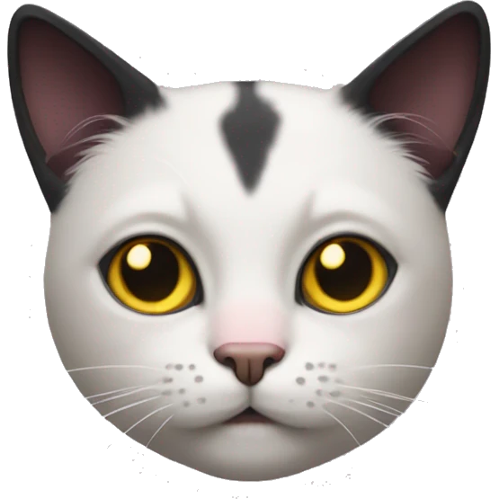 Cat with clear white face, little black spot like mustache under nose, pink ears, and forehead and under ears the fur is black, yellow eyes, no stripes emoji