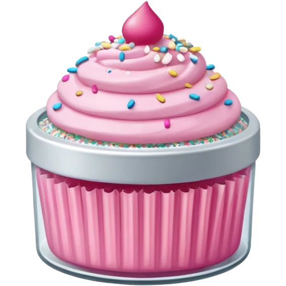 silver glitter in a small clear circular container with white lid, can of sprinkles, and pink cupcakes  emoji