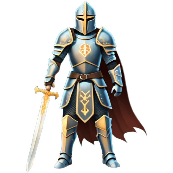 An icon representing RPG, inspired by Elden Ring. The design features a warrior in armor, holding a sword, standing in front of a mystical, dark landscape with glowing runes and a distant castle. The atmosphere evokes epic quests, exploration, and intense battles. Transparent background emoji