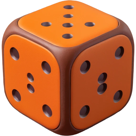 single dice, 3D, matte brown camel leather, subtle orange trim, elegant style, no text emoji