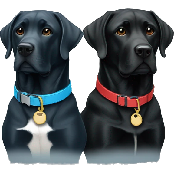 two dogs looking to the right. both black labradors, one with a red colour and the other with a light blue collar emoji