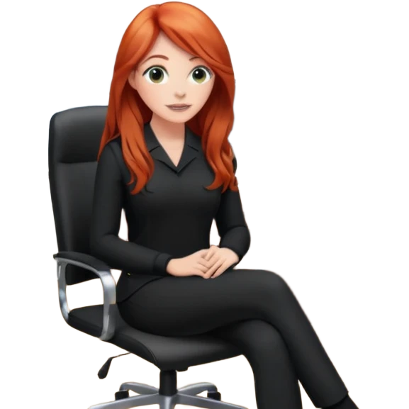 Video call therapy session: red-haired therapist with long hair wearing black minimalist clothing, seated in a professional home office, looking at the webcam; calm, modern teletherapy setting emoji