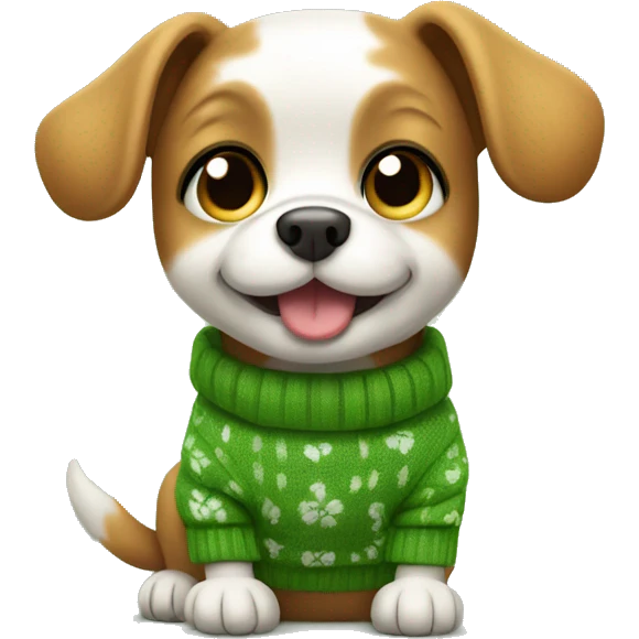 Little dog wearing sweater with four-leaf clever and waving a paw emoji