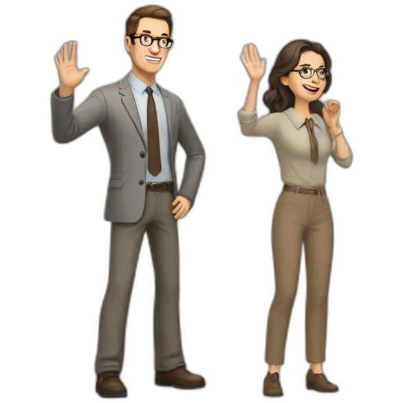 Full height Actively gesturing with hands Pale skinned fit man with dark brown hair in gray jacket, beige office shirt, brown tie, brown pants and vintage glasses. emoji