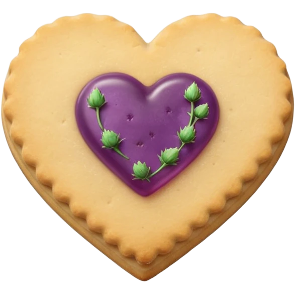 Realistic shortbread cookie in the shape of a heart with Thistle jelly middle filling and sprinkled powder sugar on top. emoji