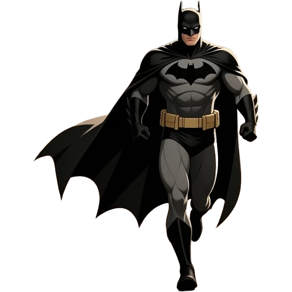 Batman running in a dark street at night, retro, art nouveau, sepia tone, very thin athletic physique, 90° fov, tall light, bathed in shadows, realistic style. Exaggerate longer cape emoji