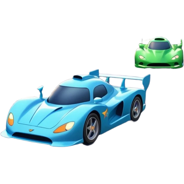 A busy coastal highway with cute fast-moving racing cars with active aero canards surrounded by green fields and distant mountains under a starry night sky emoji