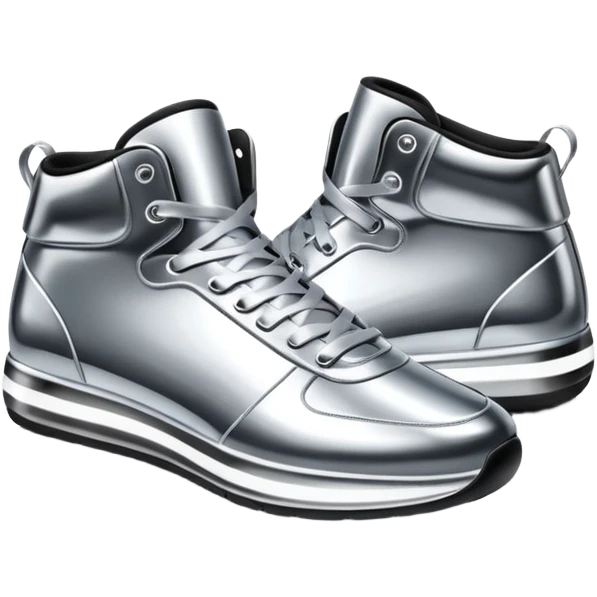 A pair of futuristic sneakers emoji made of silver chrome, sleek streetwear design, smooth metallic panels, subtle reflections, luxury swag aesthetic, iOS emoji style, centered, clean white background emoji