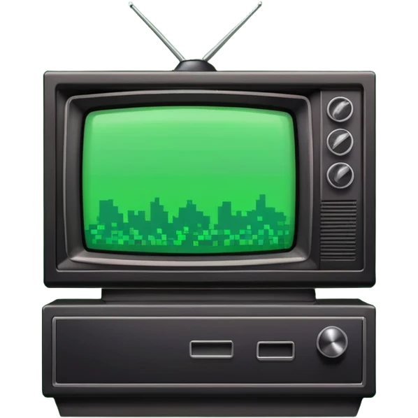 черный телевизор с зеленым экраном и пиксельным рисунком на экране emoji
