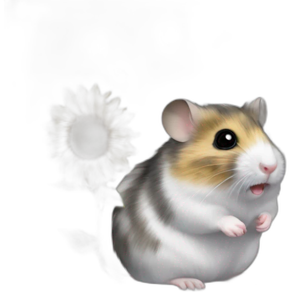 A Campbell dwarf hamster with a patchy greyish white fur sitting and eating a sunflower seed emoji
