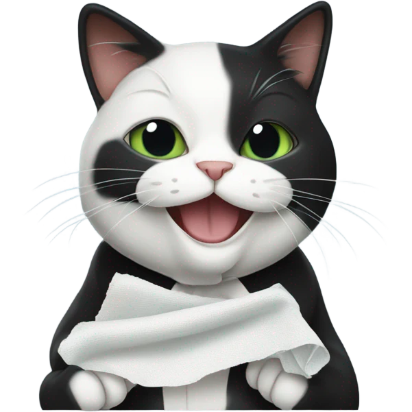 Tuxedo Cat with a cloth in her mouth emoji