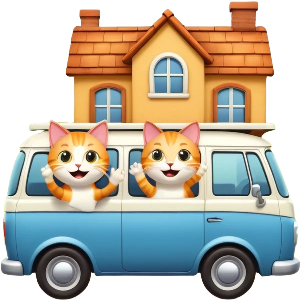 two cartoon cats in a van waving out the window at a small house in the background emoji