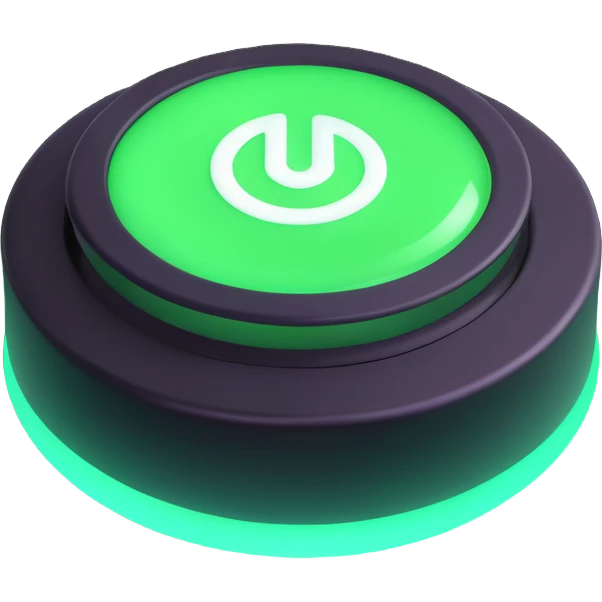 3D icon style, glowing green power button, 'always on' concept, modern and vibrant, with depth and shine emoji