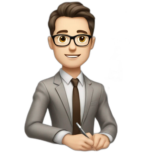 Pale skinned fit man with dark brown hair in gray jacket, beige office shirt, brown tie, brown pants and vintage glasses Writing on the flipchart emoji