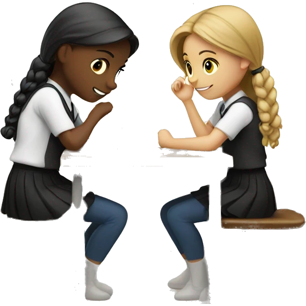 Two schoolgirl at the table are talkng emoji