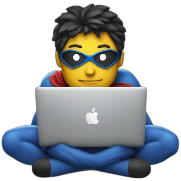 superhero with a rocket emblem sitting in front of his macbook emoji