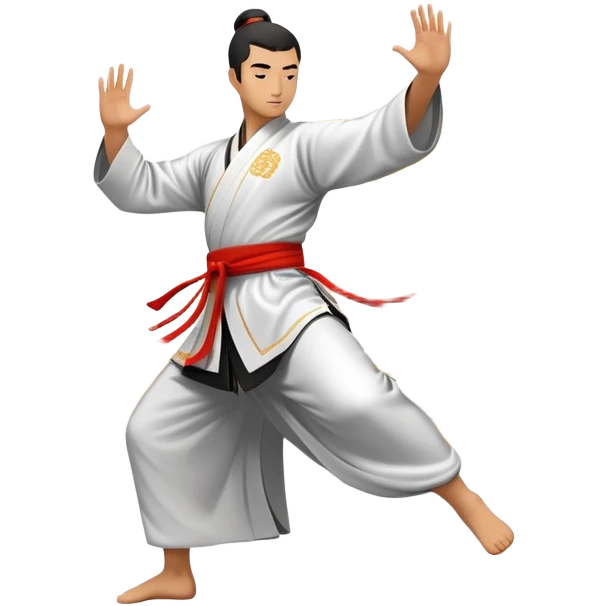 Emblem symbolizing Wushu martial arts. A graceful martial artist performs a dynamic kung fu pose, with flowing movements and a long, elegant robe. The background features stylized clouds and traditional Chinese symbols, representing fluidity, balance, and precision. Transparent background. emoji