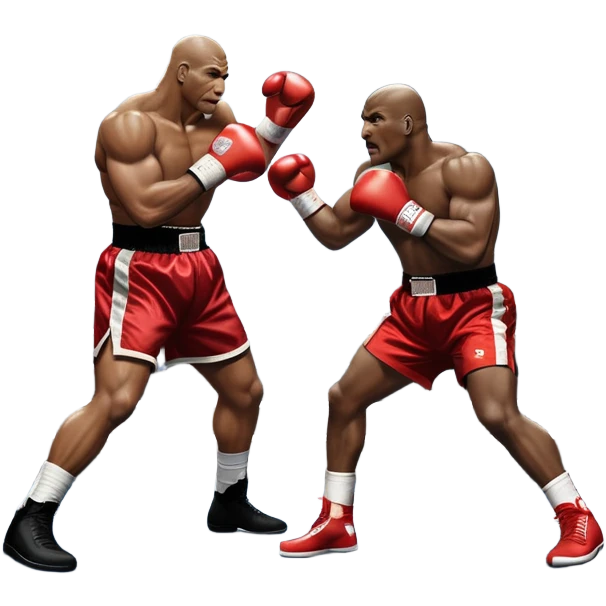An intense boxing match between Mike Tyson and Evander Holyfield in the ring. Tyson is delivering a powerful uppercut, while Holyfield is poised for a counterattack. The background features a packed arena with bright lights and electrifying atmosphere. Transparent background emoji