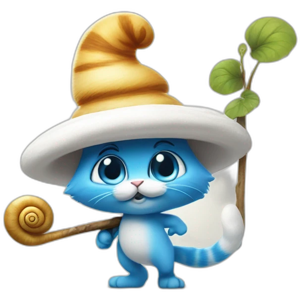 smurf cat with white hat and a snail on its back walking on the stick emoji