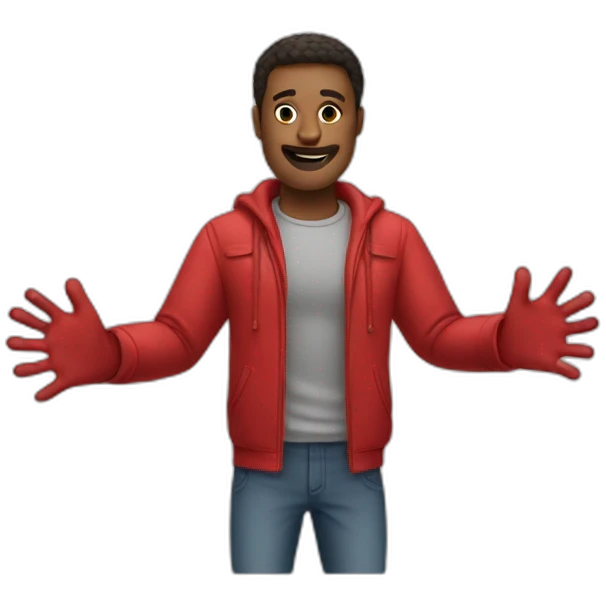 Man wearing red full body hands up emoji