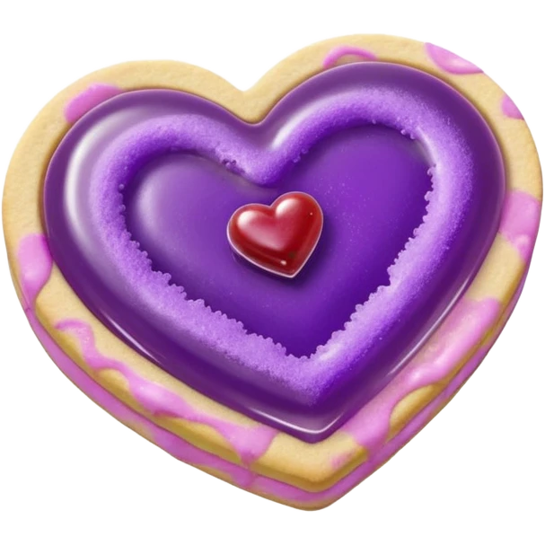 Realistic shortbread cookie in the shape of a heart with purple pastel jelly middle filling and sprinkled powder sugar on top. emoji