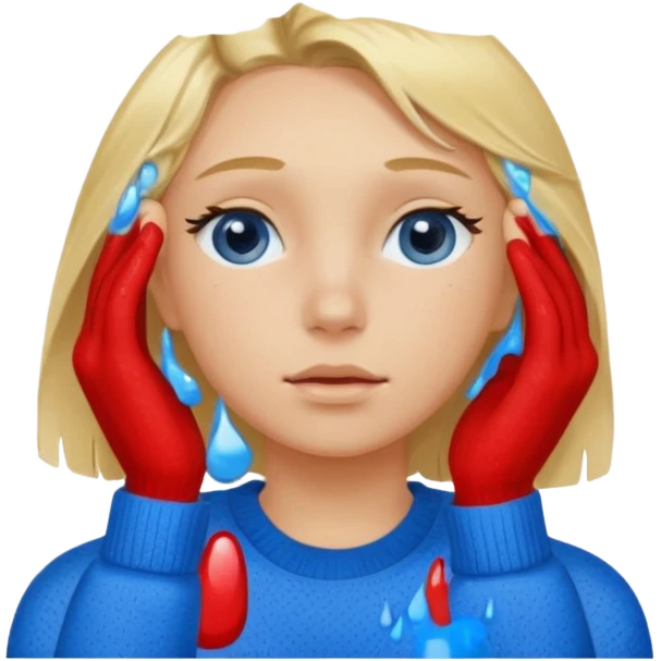 Girl massaging her head with blonde wet hair with anti-dark circles patches in her eyes dressed in a blue sweater emoji