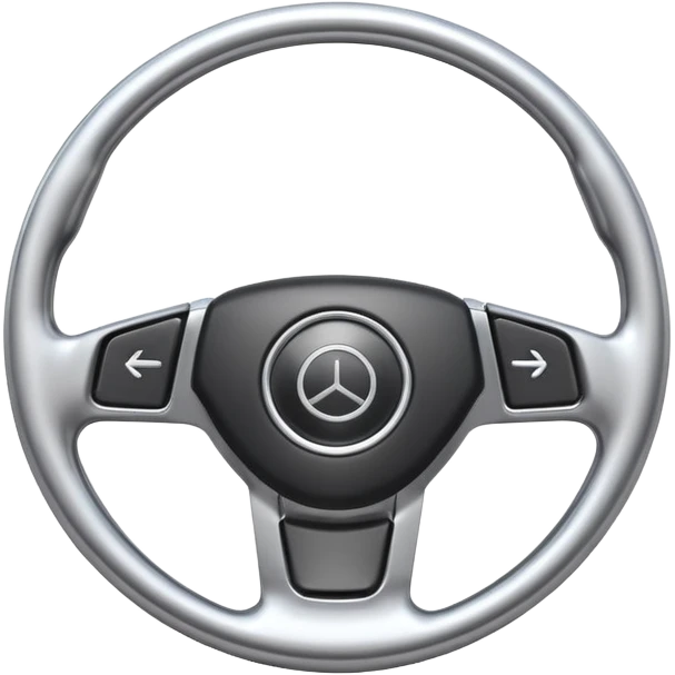 A futuristic steering wheel emoji made of silver chrome, minimal geometric design, smooth metallic surface, soft reflections, iOS emoji style, centered, clean white background emoji
