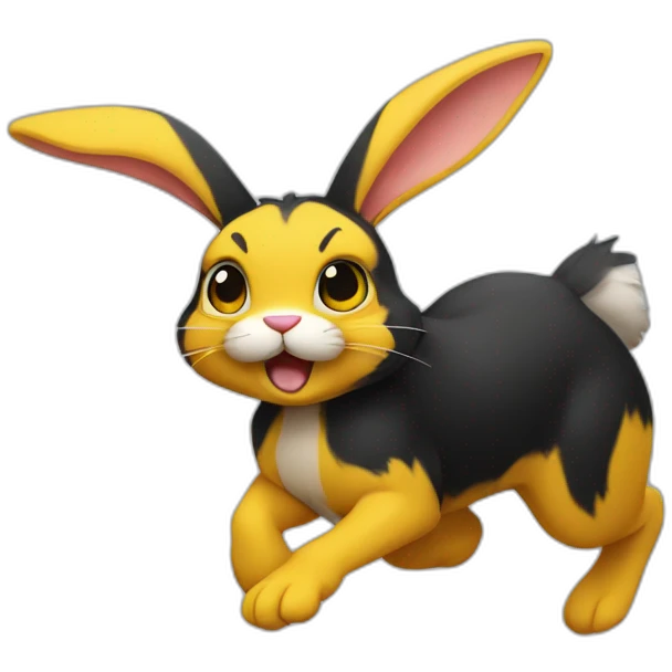 fierce looking black and yellow colored bunny running to the right emoji