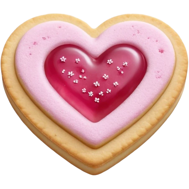 Realistic shortbread cookie in the shape of a heart with pink jelly middle filling and sprinkled powder sugar on top. emoji