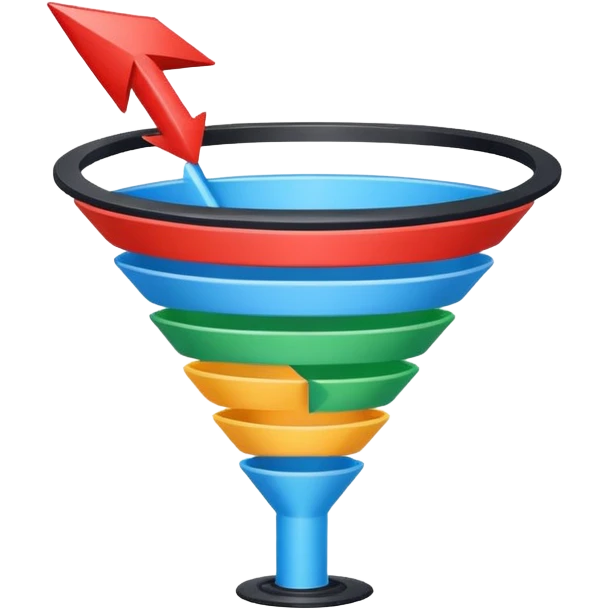 Minimalistic flat vector icon, iOS style, thin black contour on white background. Sales funnel shape with arrows pointing downward. Clean, no text, no shadows.
 emoji