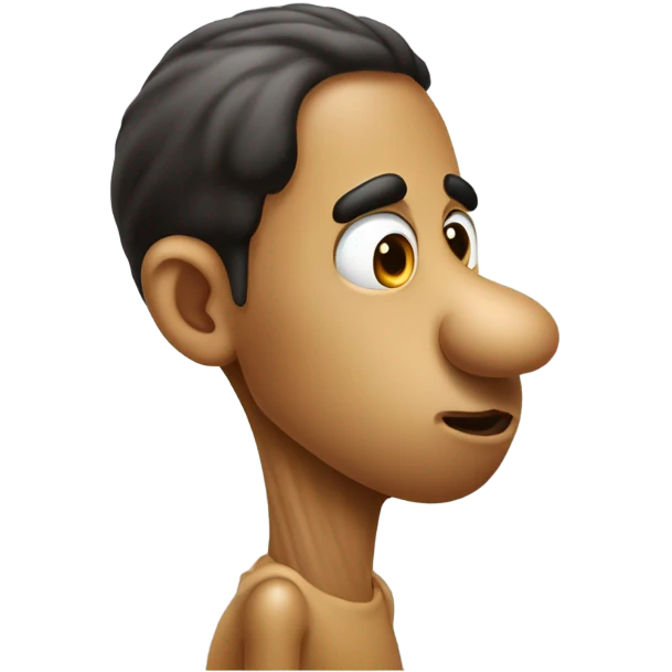 peanut head looking to the side with a a sharp long nose and a rat tail hair that is shor and don't move and has 1 big Hyperpigmentation dot on the side and eyes is do emoji