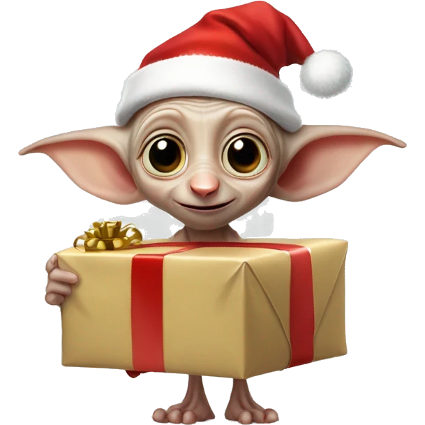 Dobby the house-elf wearing a tiny Santa hat, holding a wrapped gift with his big, joyful eyes shining emoji