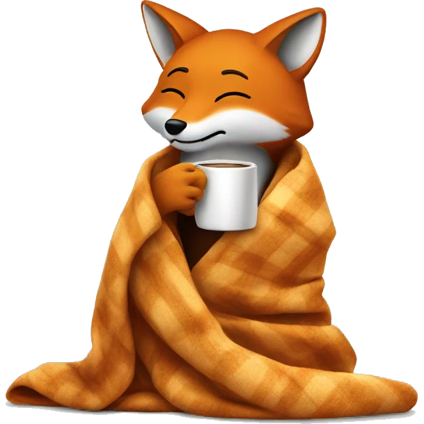 The fox is wrapped in a blanket and drinking coffee emoji