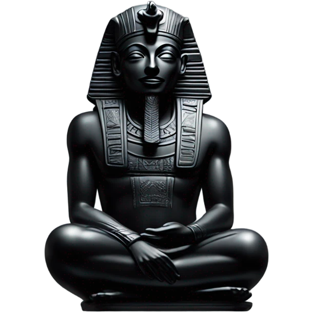Osiris obsidian statue on granite 30 ton brick, massive size, sunlight behind, sunset colors, reflections on black stone polished clean perfect, photography angles emoji