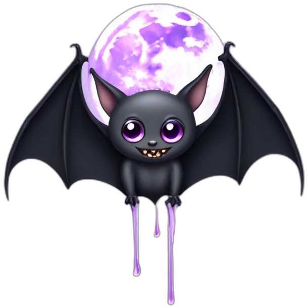purple black vampire bat pretty eyes wings flying in front of large dripping grey crescent moon emoji
