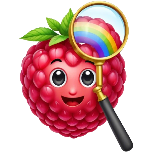 a raspberry holds an rainbow colored magnifier emoji