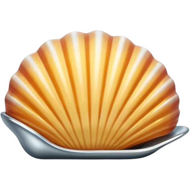 A seashell emoji made of polished silver chrome, smooth curved surface, reflective metallic highlights, elegant minimal design, iOS emoji style, centered, clean white background, soft lighting emoji