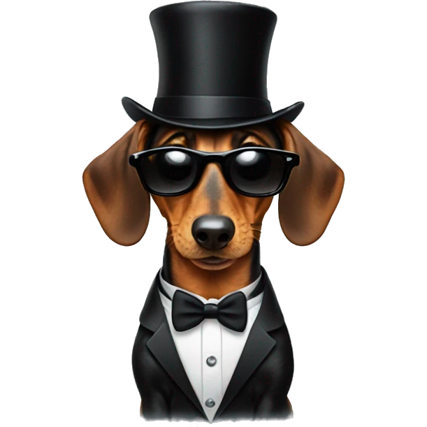 Daschund with sunglasses in a tuxedo wearing a tophat emoji